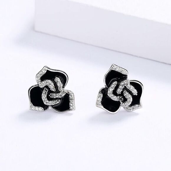 Sterling Silver Black Flower Enamel Drip Rhinestone Earrings Womens New - Picture 1 of 6